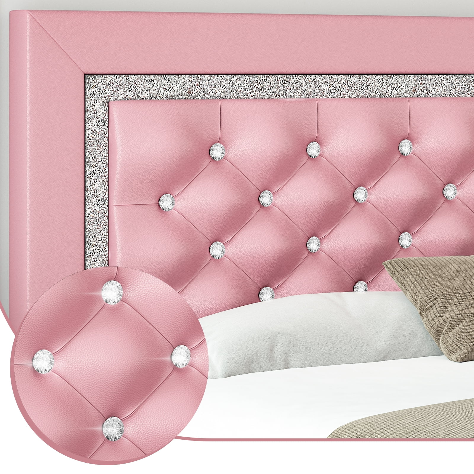 4 EVER WINNER Full Size Bed Frame, Pink Full Size Bed Frame with Headboard and Footboard, Pink