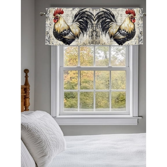Kitchen Valances for Window, Vintage Farm Rooster Light Filtering Rod Pocket Valance Curtain, Country Chicken on Retro Background Short Curtains Window Topper for Bedroom Bathroom 42x18in