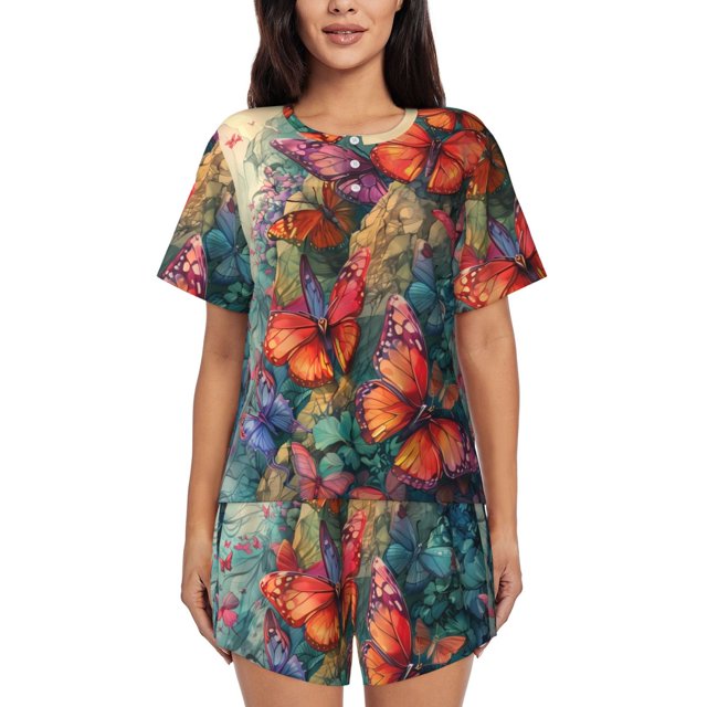 Balery Butterflies On Rocky Cliff Conjunto de Pijama para Mujer con Estampado, Dos Piezas de Manga Corta y Shorts, Ropa de Dormir Suave con Cuello Redondo y Bolsillos-Large