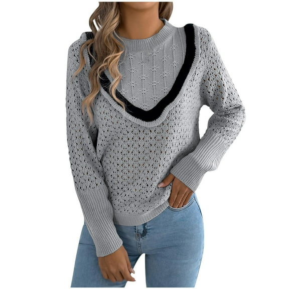TFEOQRY Women's Crochet Sweater Crew Neck Layered Open Knit Long Sleeve Loose Casual Pullover Top Gray