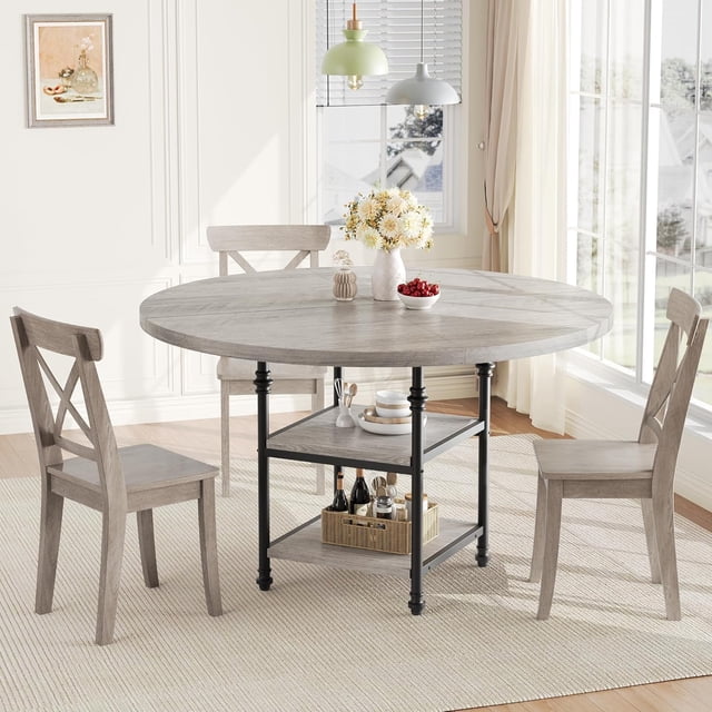 47" Round Dining Table for 4, Elegant Roman Column Dining Table with Built-in Storage Space-Saving Design for Modern Homes-Vintage for Dining Room Kitchen Living Room (Grey)