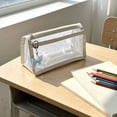 thumbnail image 6 of Double Layer Bow Pencil Pouch, Aesthetic Floral Pencil Case, Large Capacity Transparent PVC Stationery Pouch For Students, Travel Cosmetic Organizer 8.66x3.94in, Blue, 6 of 7
