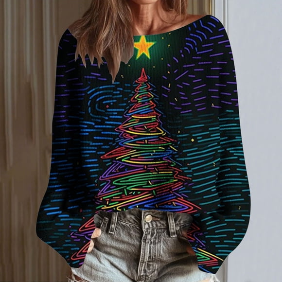 Fankiway WomensLong Sleeve T Shirts Women's Christmas Printed Casual Round Neck Long Sleeve Pullover Sweater Knit Pullover 2025 Fall Fashion Graphic Crochet Tops Hippie Clothes Multicolor M