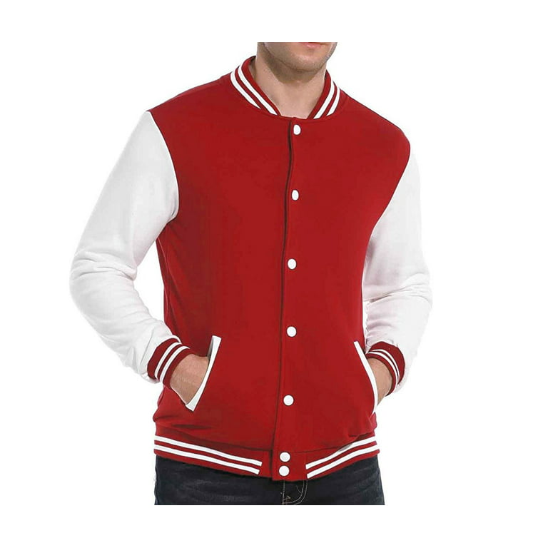 New Men's Premium Classic Snap Button Vintage Baseball Letterman Varsity  Jacket (Red White,3XL) 