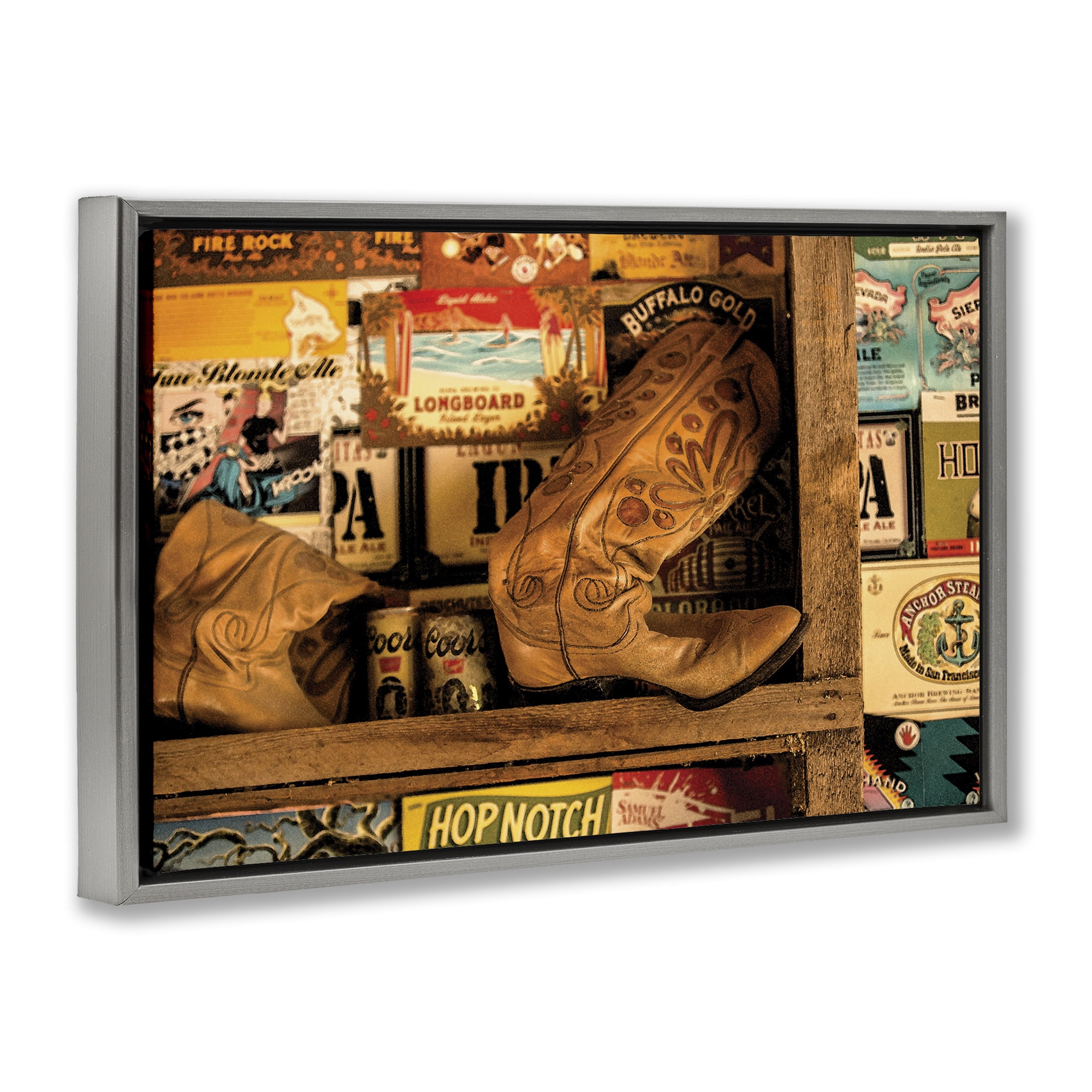 Stupell Industries Western Boots on Shelf Beauty & Fashion Painting Gray Floater Framed Art Print Wall Art, 25 x 17