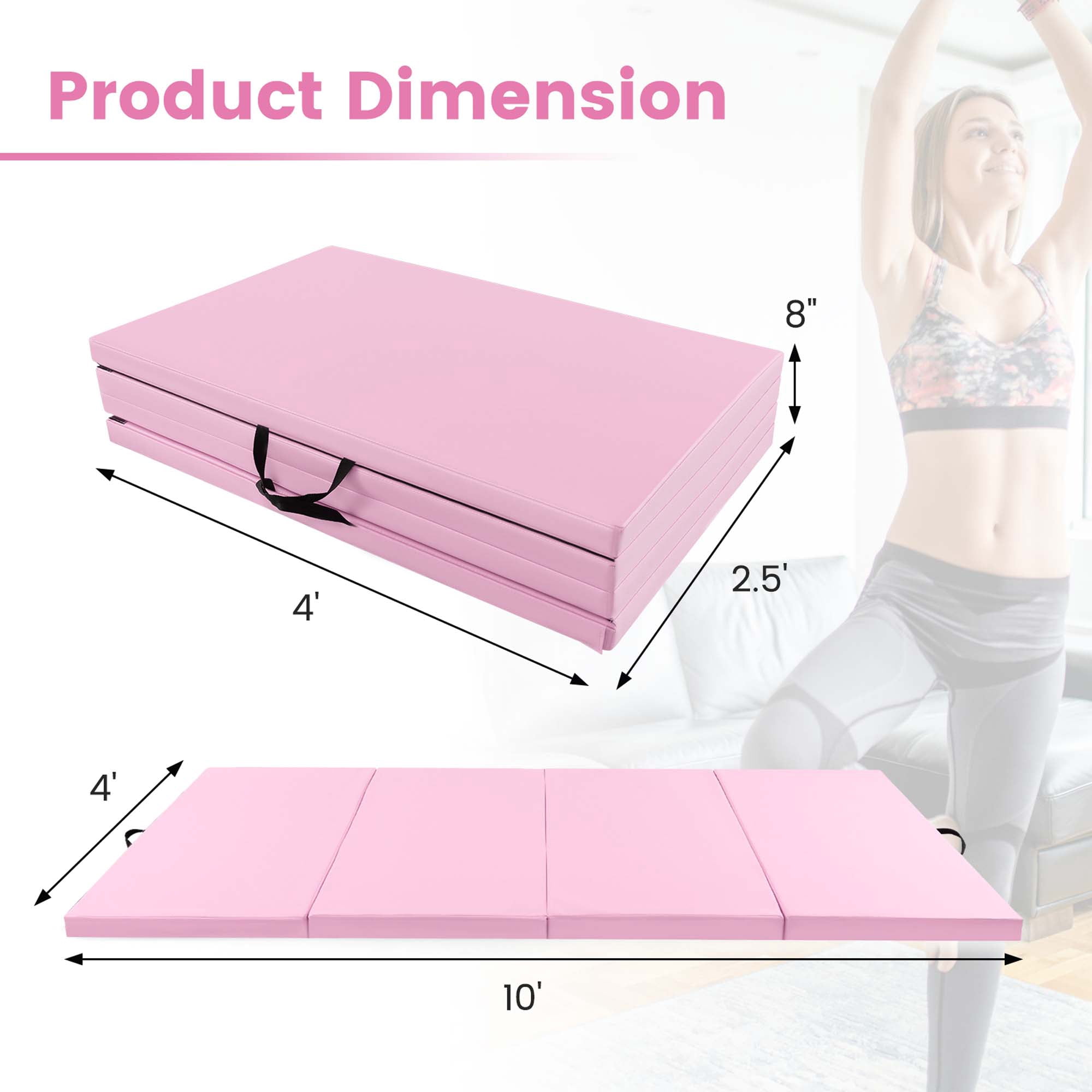 Costway 10' x 4' x 2" 4-Panel Folding Exercise Mat with Carrying Handles for Gym Yoga Light Pink