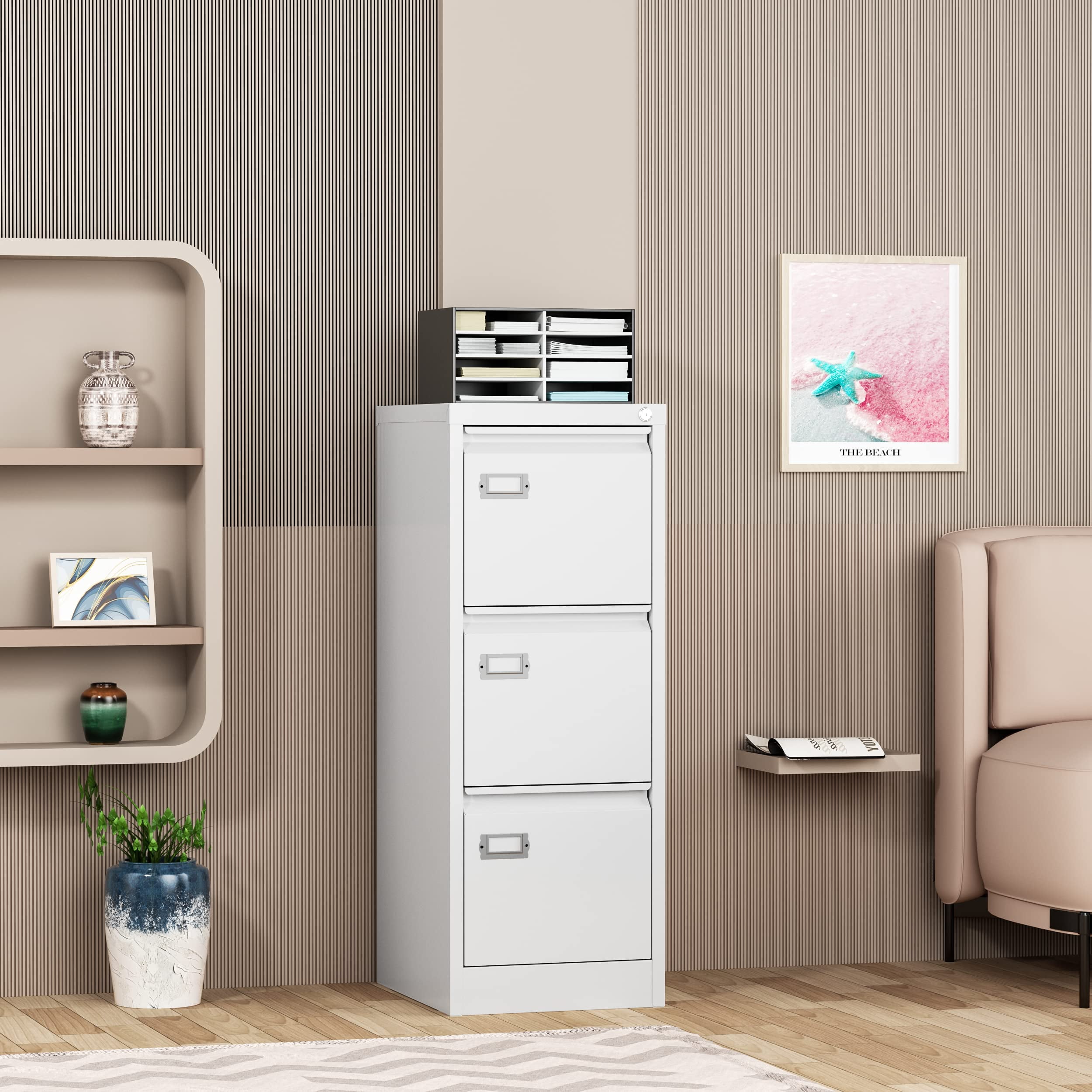 Fesbos 3 Drawer File Cabinet with Lock, File Cabinets for Home Office,18" Deep Vertical Metal White File Cabinet Office Storage Cabinet Organizer for Letter/Legal / A4
