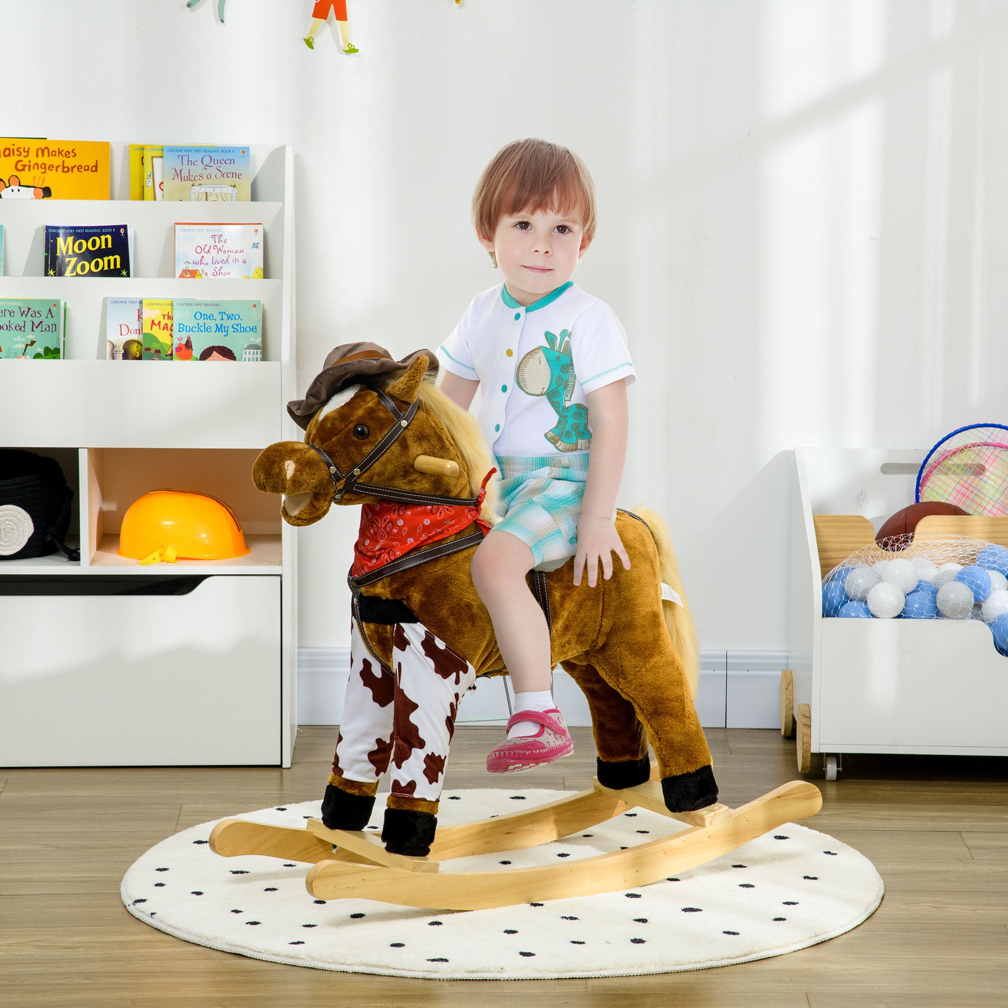 Qaba Baby Rocking Horse,Large Riding Horse,Plush Animal Rocker with Realistic Sound,Saddle,Toy for Boy Girl Ages 3-8 Years Old,Brown,Brown Plush Toys Kids Bikes Riding Toys