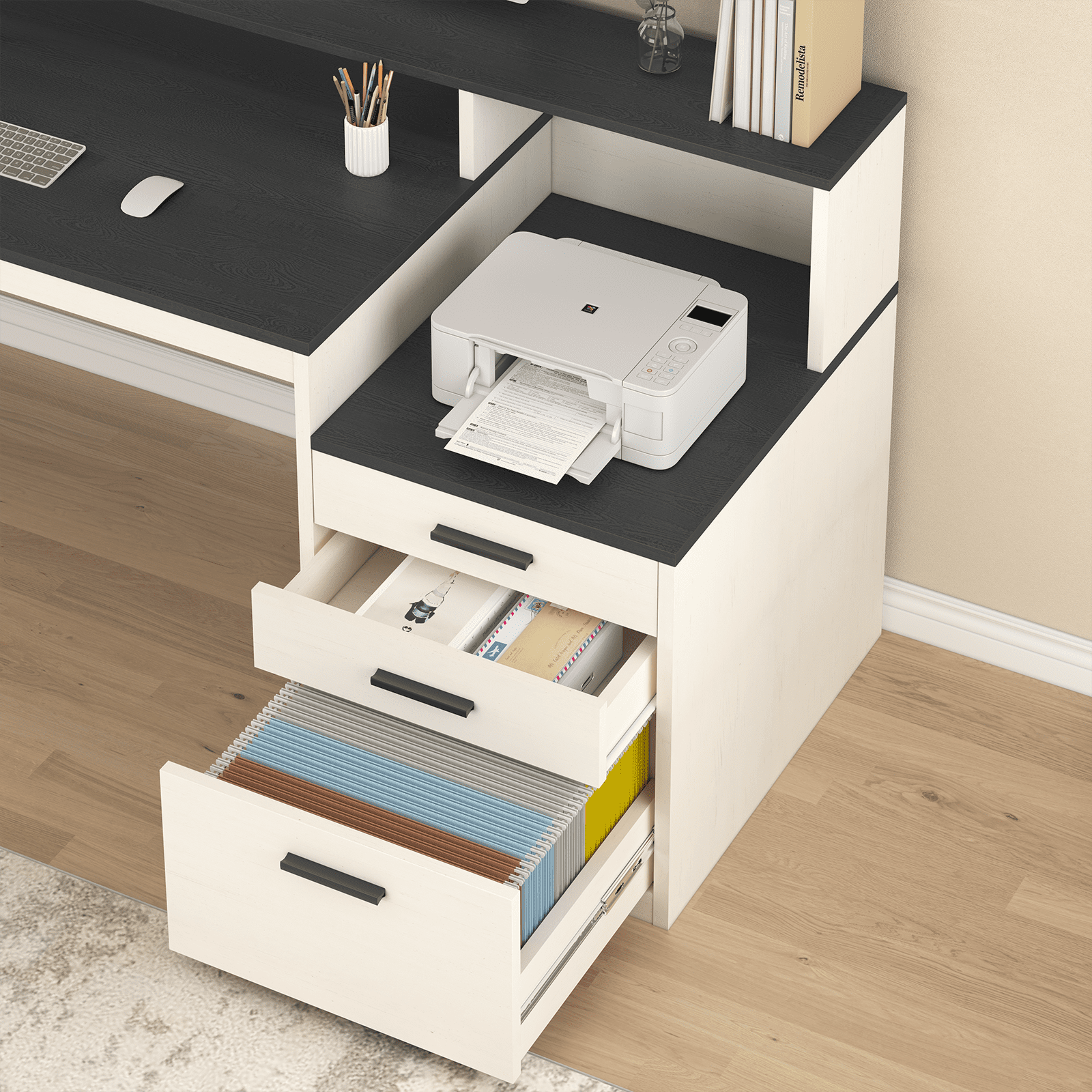 65 Inch Computer Desk with 3 Drawers & Storage Shelves, Executive Desk with File Drawer & Cabinet, Home Office Desk with Long Monitor Stand & Printer Shelf, Black & White