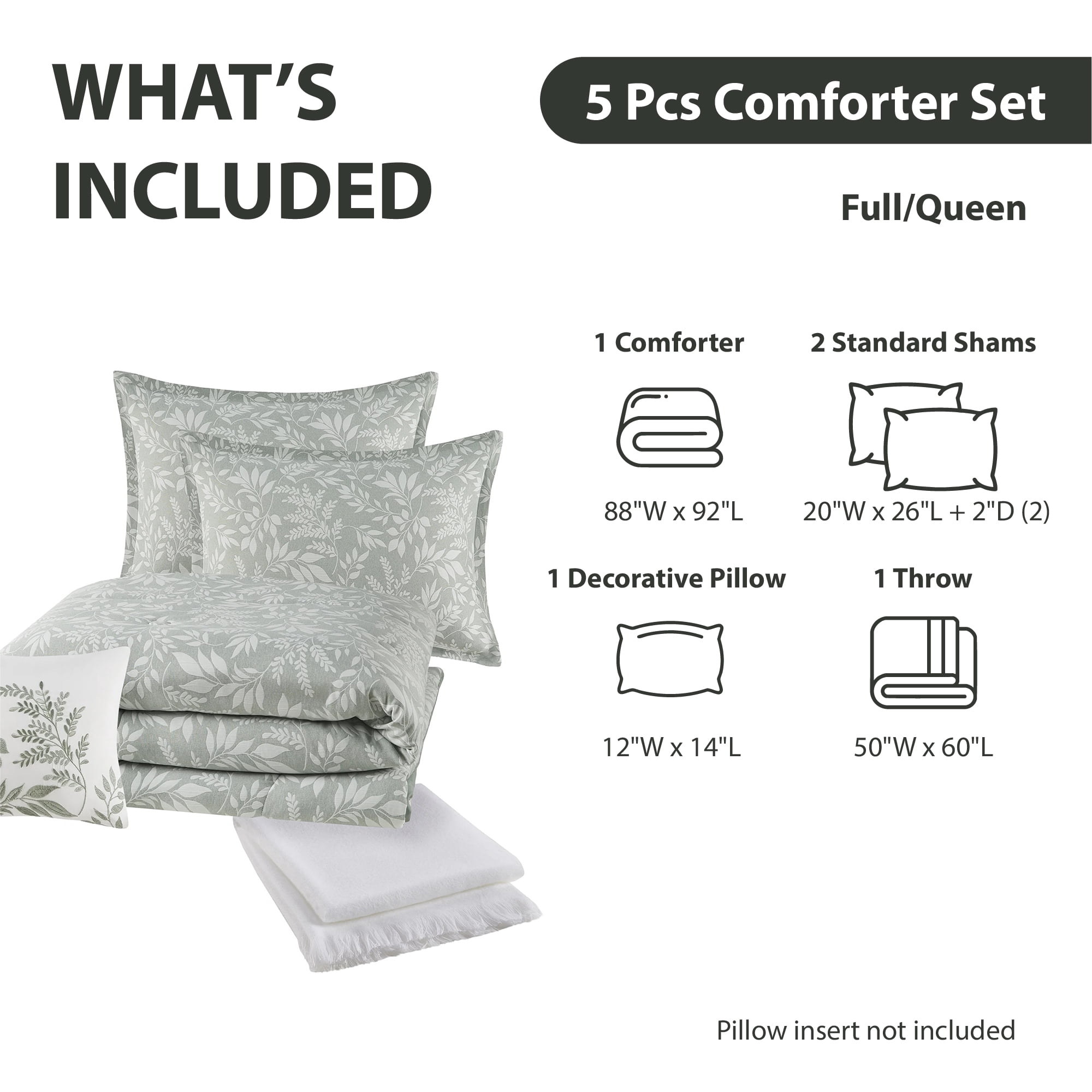 Mainstays 5-Piece Jacquard Comforter Set with Decor Pillow and Throw Sage Green Floral Bedding Set, Full/Queen
