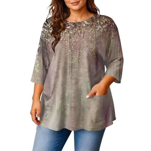 MLQIDK Plus Size T Shirts for Women Loose Cute Shirts 3/4 Sleeve V-Neck Floral Graphic T-Shirt Summer Casual Tunic Tops Brown 3XL