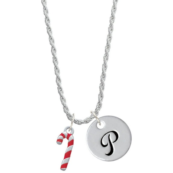 Delight Jewelry Silvertone 3-D Red Enamel Candy Cane Silvertone Script Initial Disc - P - Charm Necklace, 20"+3"