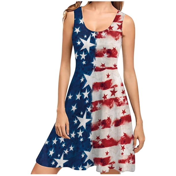 Vestidos de Verano de Mujer sin Mangas Impresión Casual Cuello Redondo, Vestido de Longitud Media para el Uso Diario, Fiesta Y Primavera