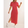 thumbnail image 4 of Women'S Crew Neck Short Sleeve All-over Striped Side Split Loose Midi Casual Dress Deep Red L, 4 of 6