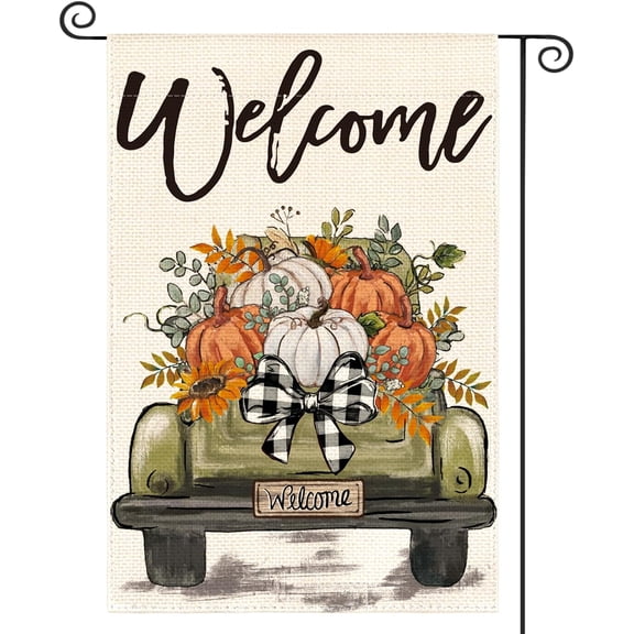 Truck Fall Garden Flag 12x18 Inch for Outside | Double Sided, Weather & Fade Resistant, Yard Outdoor Decoration, Features Welcome Pumpkins