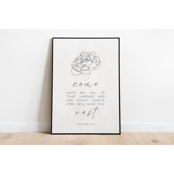 Come Unto Me Minimal Christian Wall Art Modern Scripture Art Floral Print Matthew 11:28 Kjv Bible Verse Home Decor Aesthetic Art Rest Unframed Paper Print