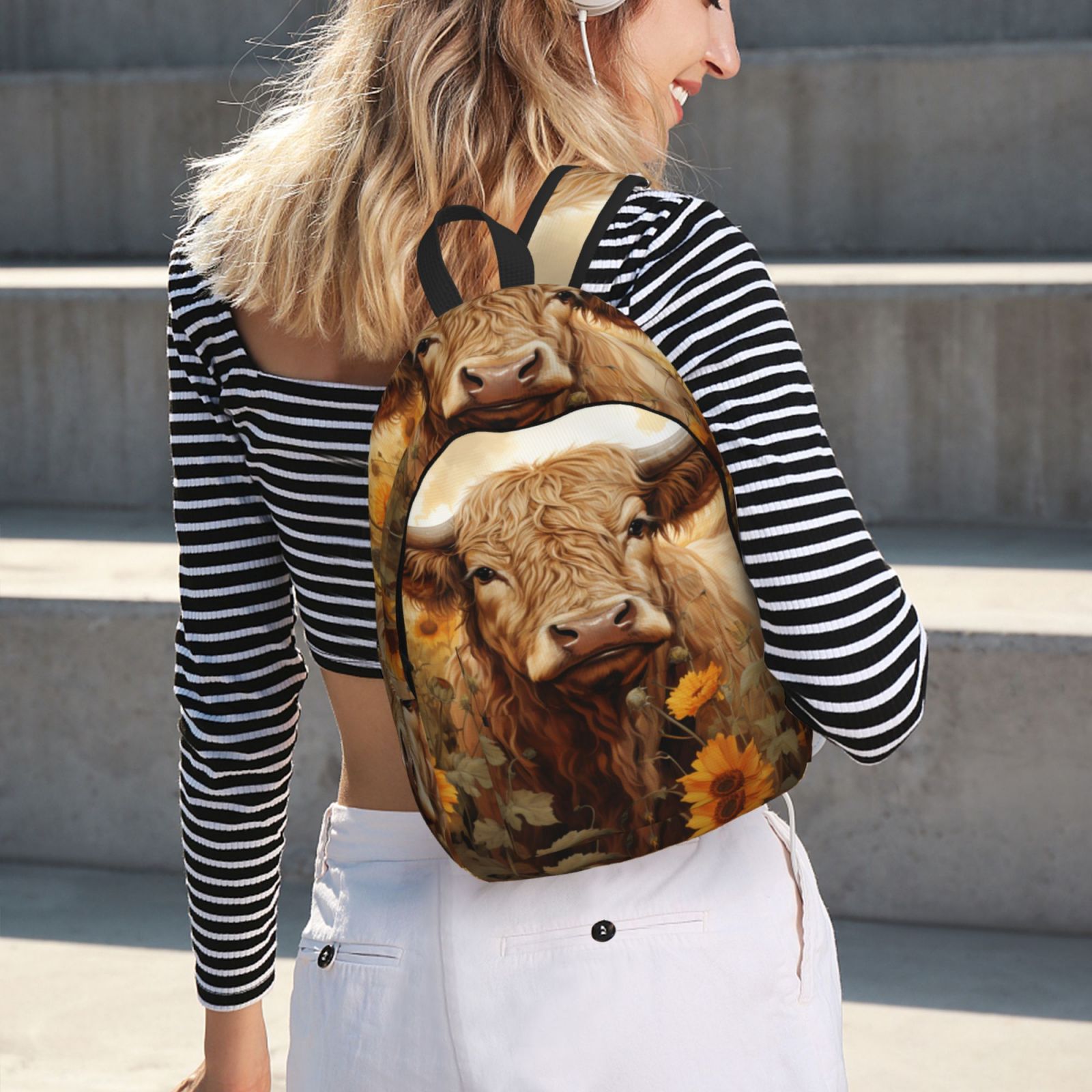 Picia Vintage Sunflower Cow Printed Canvas Daypack - Stylish and Durable Vintage Compact Backpack - Class, Work, Travel, or Laptop Bookbag,Organized Compartments-Small