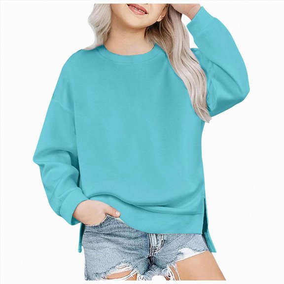 Splozh Toddler Crewneck Sweatshirt Girls Crew Neck Sweatshirt Long Sleeve Pullover Top 5-14 Years Sweatshirt Side Slit,Sky Blue,5-6 Years