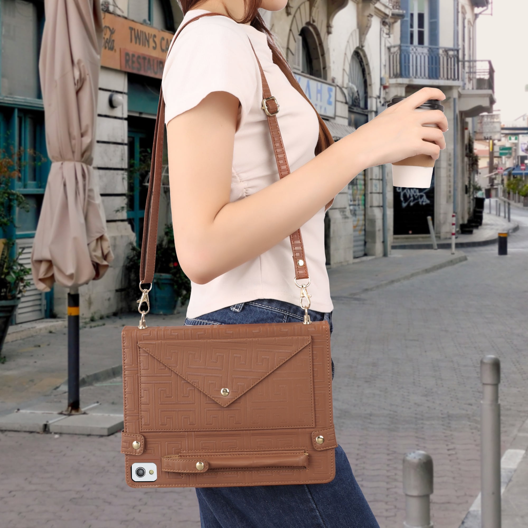 Dteck Handbag Case for iPad Air 11 inch 2024,Magnetic Leather Elegant Crossbody Folio Stand Wallet Case with Pencil Holder, Card Slots, Hand Strap, Shoulder Strap ,Brown