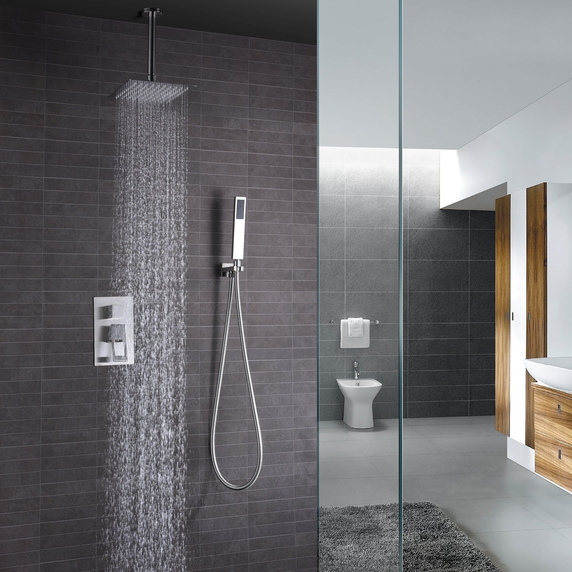 Rain Shower Set System Brushed Nickel with Handheld Ceiling Mounted Shower Faucet with Rough-in Valve 10 Inches High Pressure Rain Shower Head