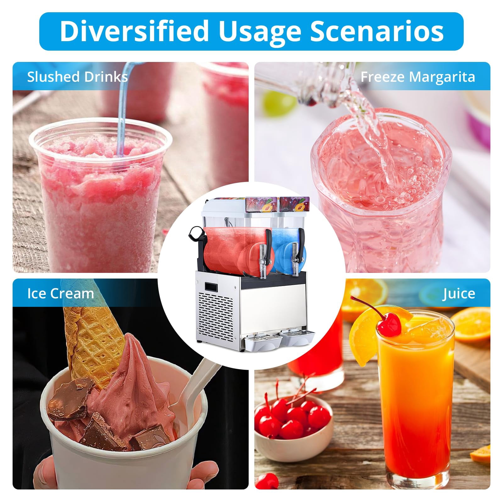 700W Dual Tank Commercial Slushie Machine – 15L x 2, Stainless Steel, Self-Cleaning, High-Speed Frozen Drink Maker for Home or Bar, White