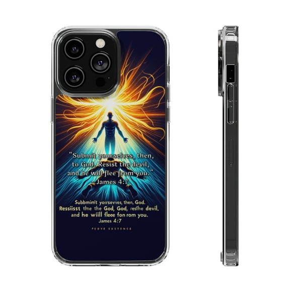 DistinctInk Hybrid (Acrylic / TPU) Clear Slim Fit Case for Apple iPhone 13 Pro MAX (6.7" Screen) - "Submission to God: James 4:7 - Resisting the Devil"