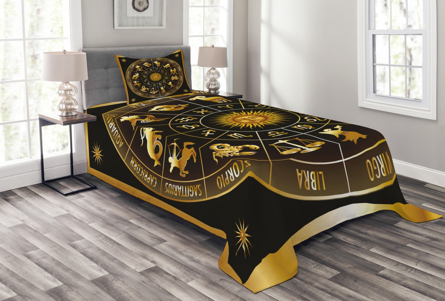 Astrology Bedspread Set, Wheel Zodiac Astrology Signs in Circle with