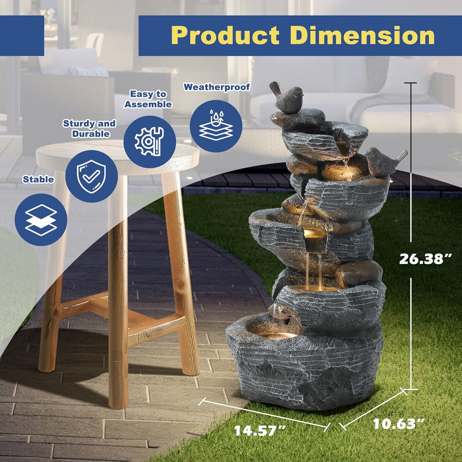5-Tiers Cascading Rock Outdoor Water Fountain, Garden Freestanding Birds Waterfall Fountains Outdoor with LED Lights Birds Decor, Stacked Stone Outdoor Fountains for Garden Patio Porch, 26" H