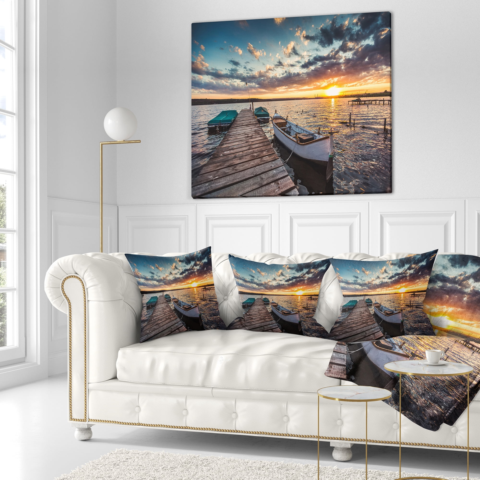 Designart Boats and Jetty under Dramatic Sky - Modern Throw Pillow - 16x16