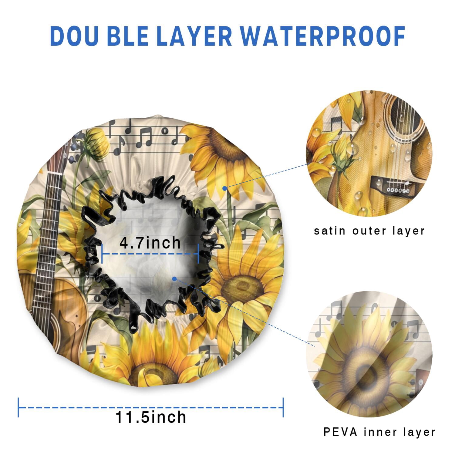 Shower Caps,Beige Music Sunflower Guitar Pattern Waterproof Shower Cap for Women 4 Pieces,Double Reusable Hair Cover for Shower PEVA Elastic Stretch Hem