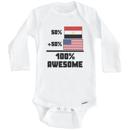 

50% Egyptian 50% American 100% Awesome Funny Flag One Piece Baby Bodysuit (Long Sleeve) 3-6 Months White