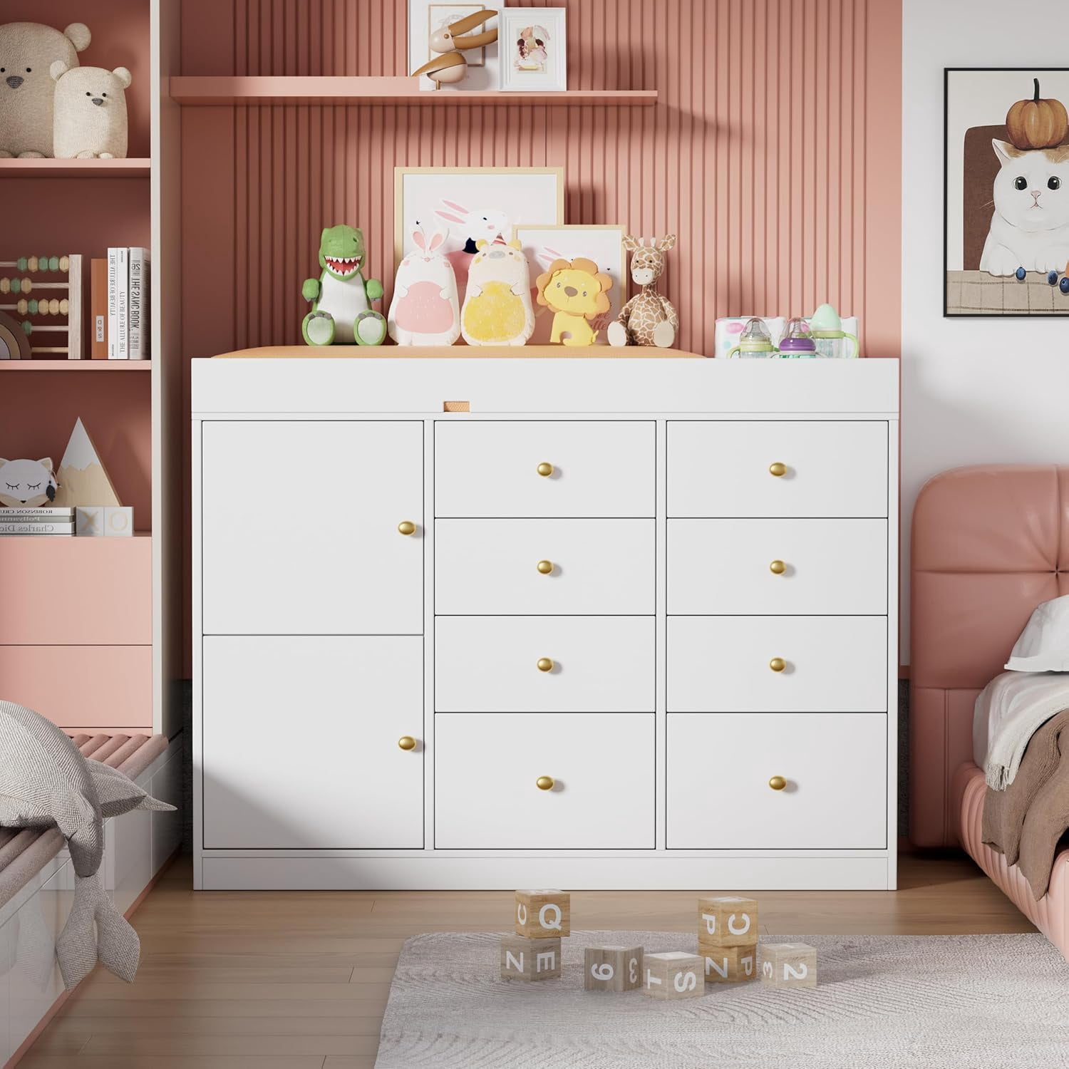 PAKASEPT 43.3" W Changing Table Dresser with Changing Table Top, Baby Nursery Dresser with 8 Drawers and 2 Cabinet, Diaper Changing Station