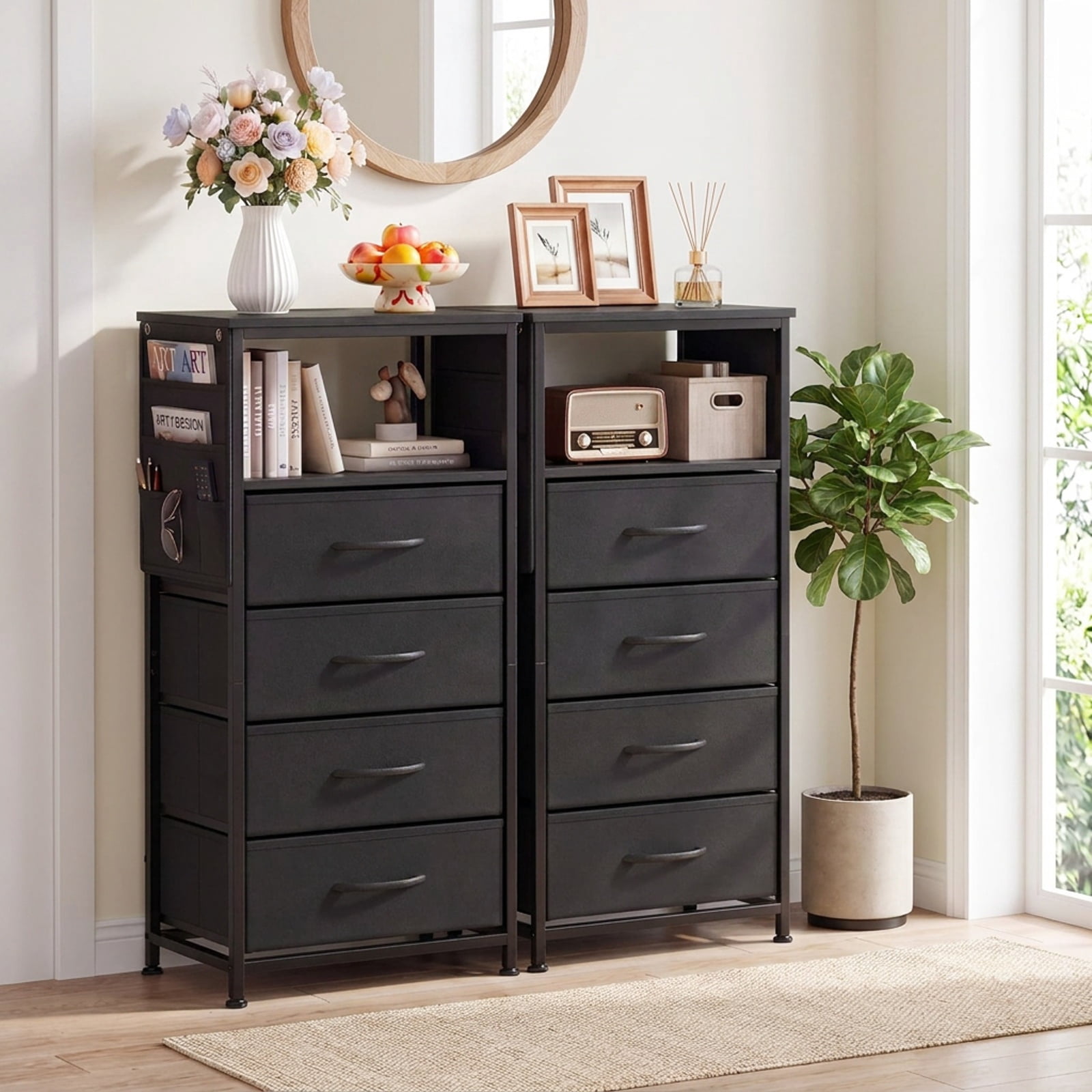 Furnibear 34 Inch Tall Black Nightstand with Integrated Charging Station and 4 Fabric Drawers