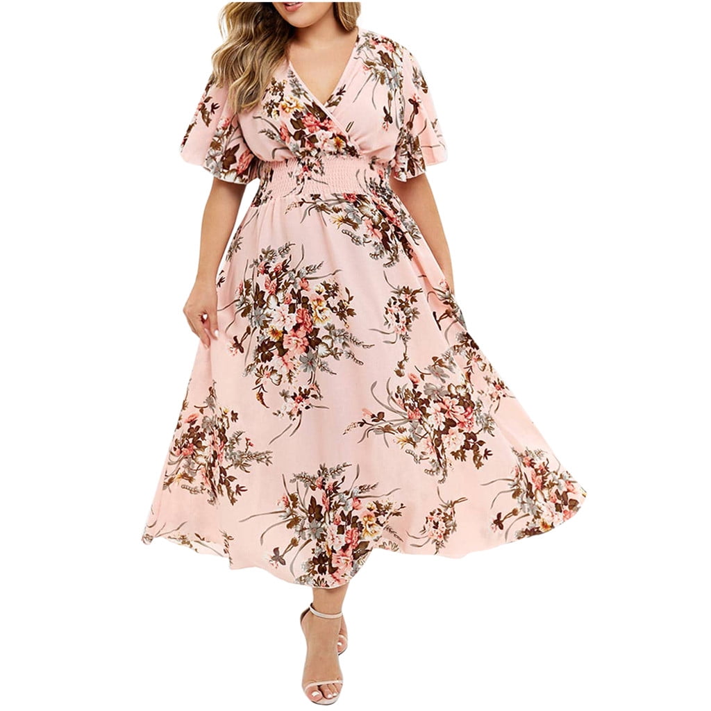 Size Casual Short Dress Women Sleeve V Neck Floral Printed Plus Fashion Plus Size Dress 20s Style plus Size Size Dresses for Semi Formal plus Size Night Out Outfits plus