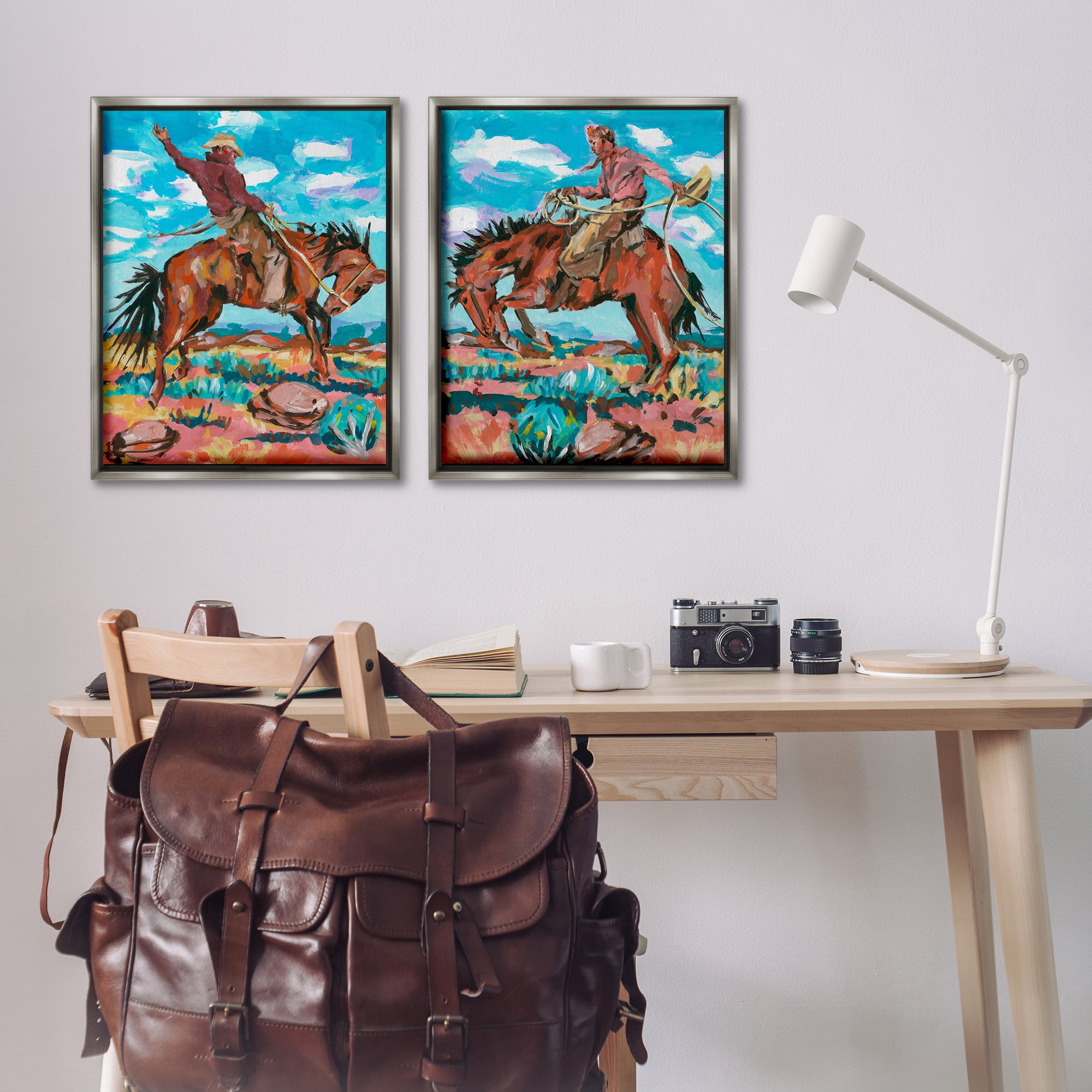 Stupell Industries Rustic Cowboys in Desert Entertainment Painting Gray Floater Framed Canvas Art Print Wall Art, 31 x 25, Set of 2