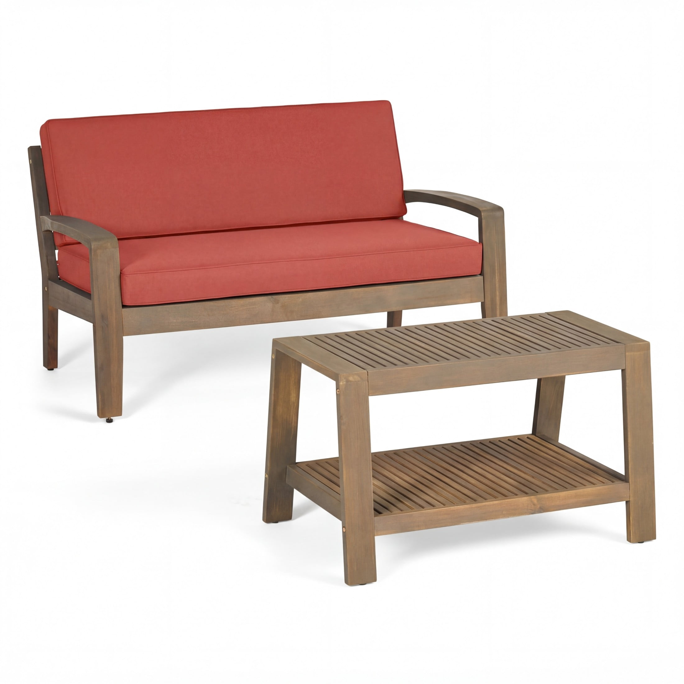 Christopher Knight Home Outdoor Acacia Wood Loveseat and Coffee Table Set with Cushions, Gray+Red