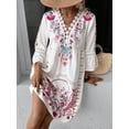 thumbnail image 3 of EASYBRAUS Women V Neck Lace Print Summer Dress Casual Floral Flare Sleeve Short Dress, 3 of 6