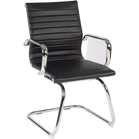 Work Smart Mid-Back Black Faux Leather Office Chair with Chrome Arms and Sled Base, Black