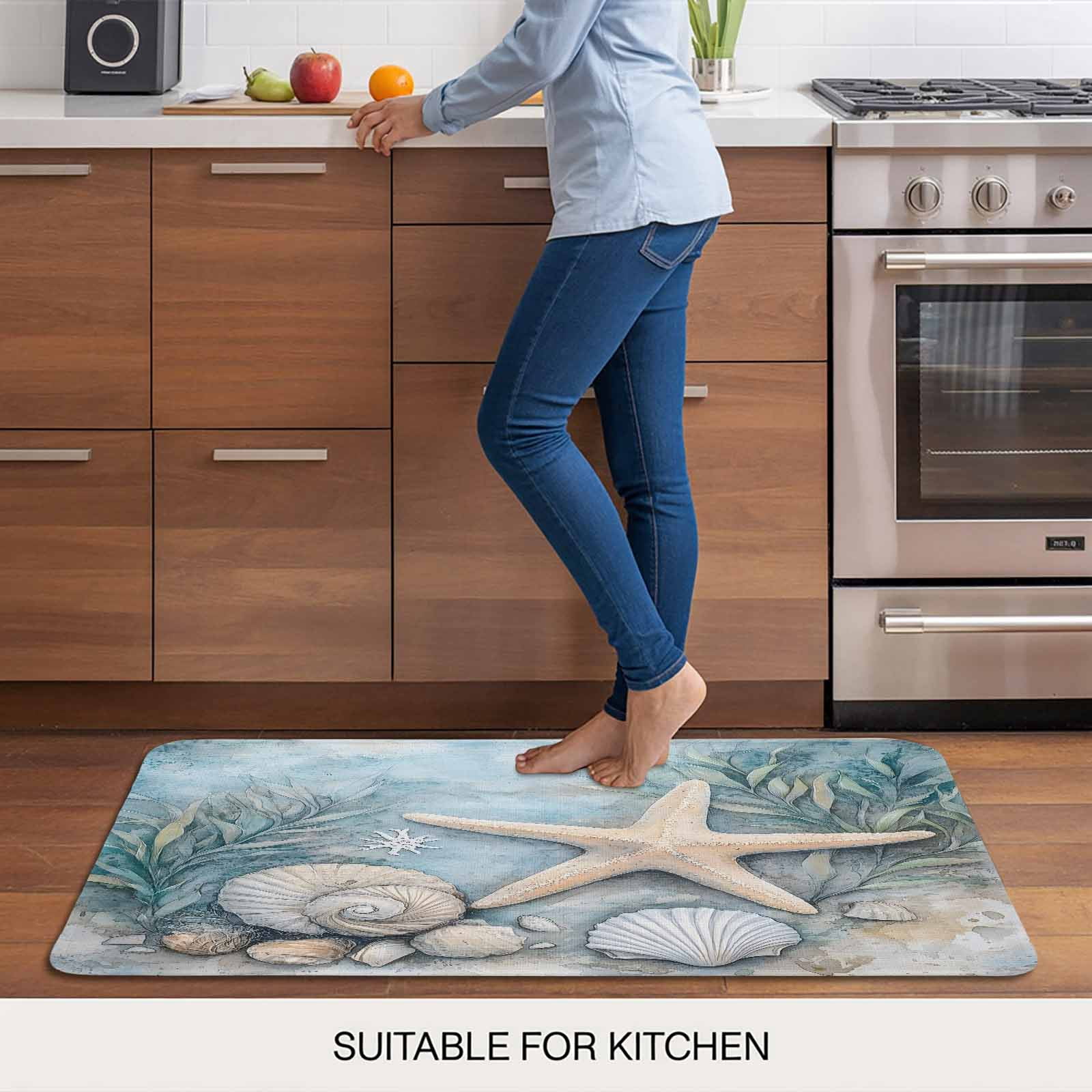 Coastal Starfish Doormat Outdoor Entrance 24"x36", Beach Summer Starfish Nautical Shell Blue Absorb Moisture Dirt Door Mats, Non-Slip Rubber Backing Floor Mats Indoor, Low-Profile Front Door Rugs