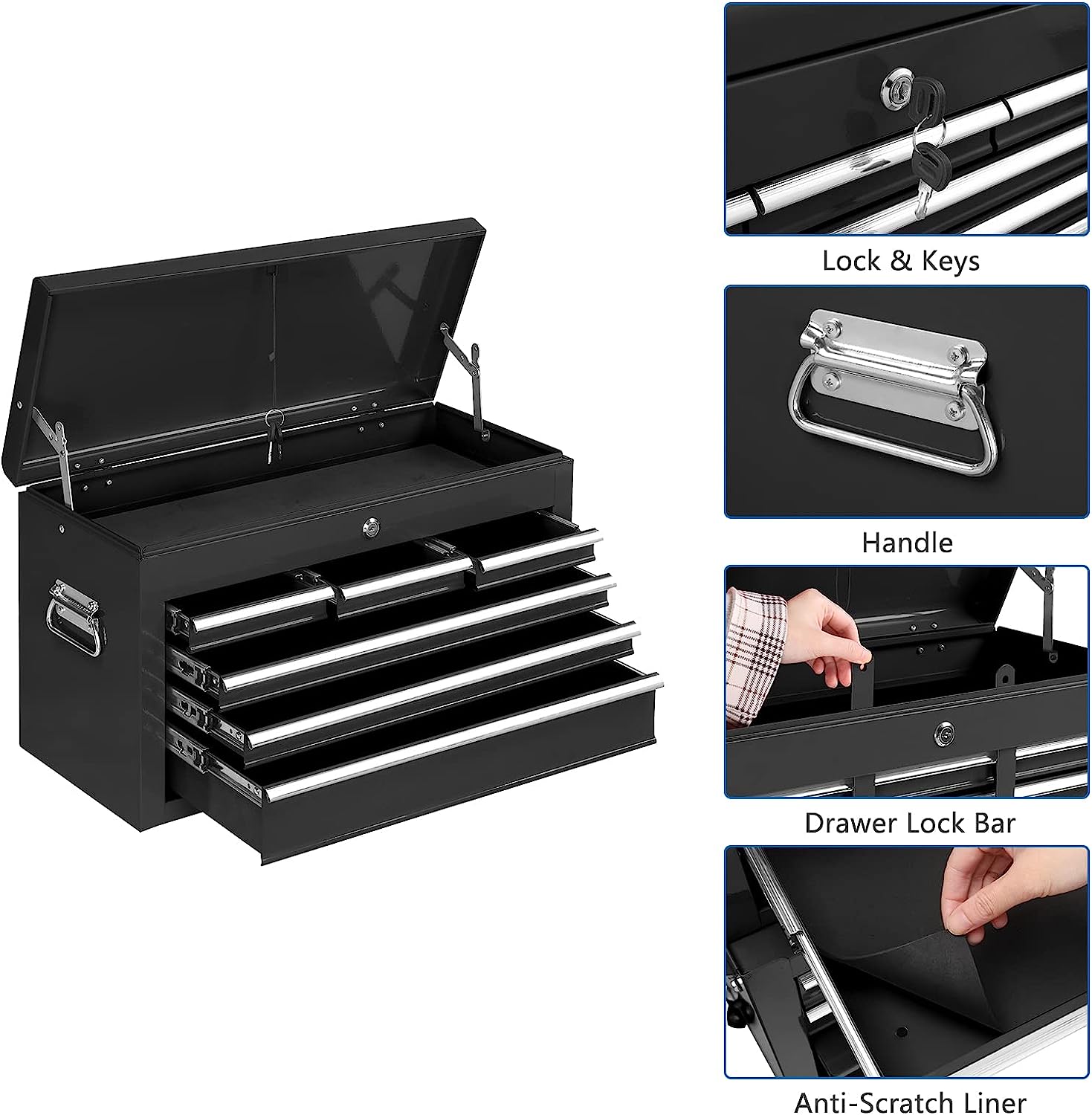 Tuffiom 8-Drawer Rolling Tool Chest w/Lock & Key, Tool Storage Cabinet w/Wheels, Detachable Top, Drawers, Side Hooks & Drawer Liners, Tool Organizer
