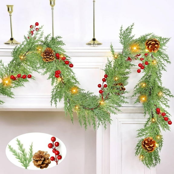 Guvpev 6FT Artificial Cedar Christmas Garland with Lights, Real Touch Winter Cedar Garland with Pinecone Berry Ornaments, Realistic Greenery Garland for Mantel Table Indoor Xmas Decor