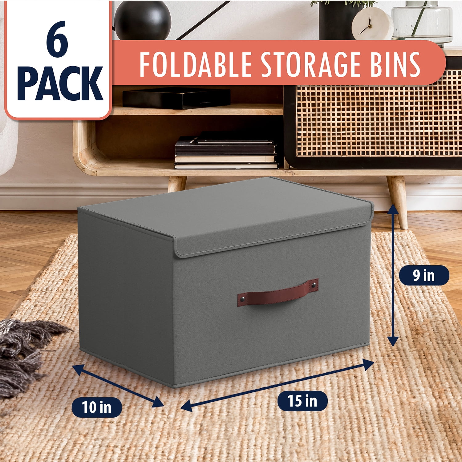 Ornavo Home Foldable Collapsible Large Storage Box Bins Linen Fabric Shelf Basket Cube Organizer with Leather Handles and Lid - Set of 6 - 15 x 10 x 9
