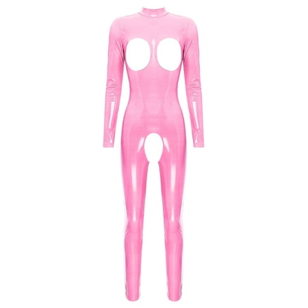 Sxiwei Woman s Latex Jumpsuit Wet Look Patent Leather Hollow Out Long Sleeve Catsuit Zipper Bodysuit Hot Pink M