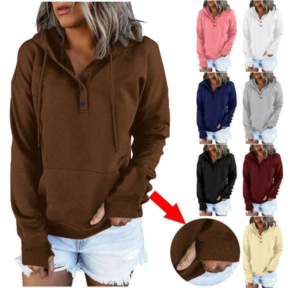 Utoimkio Women's Casual Hoodies Button Collar Pullover Tops Drawstring Long Sleeve Hooded Sweatshirts Relaxed Fit Fall Clothes with Pocket