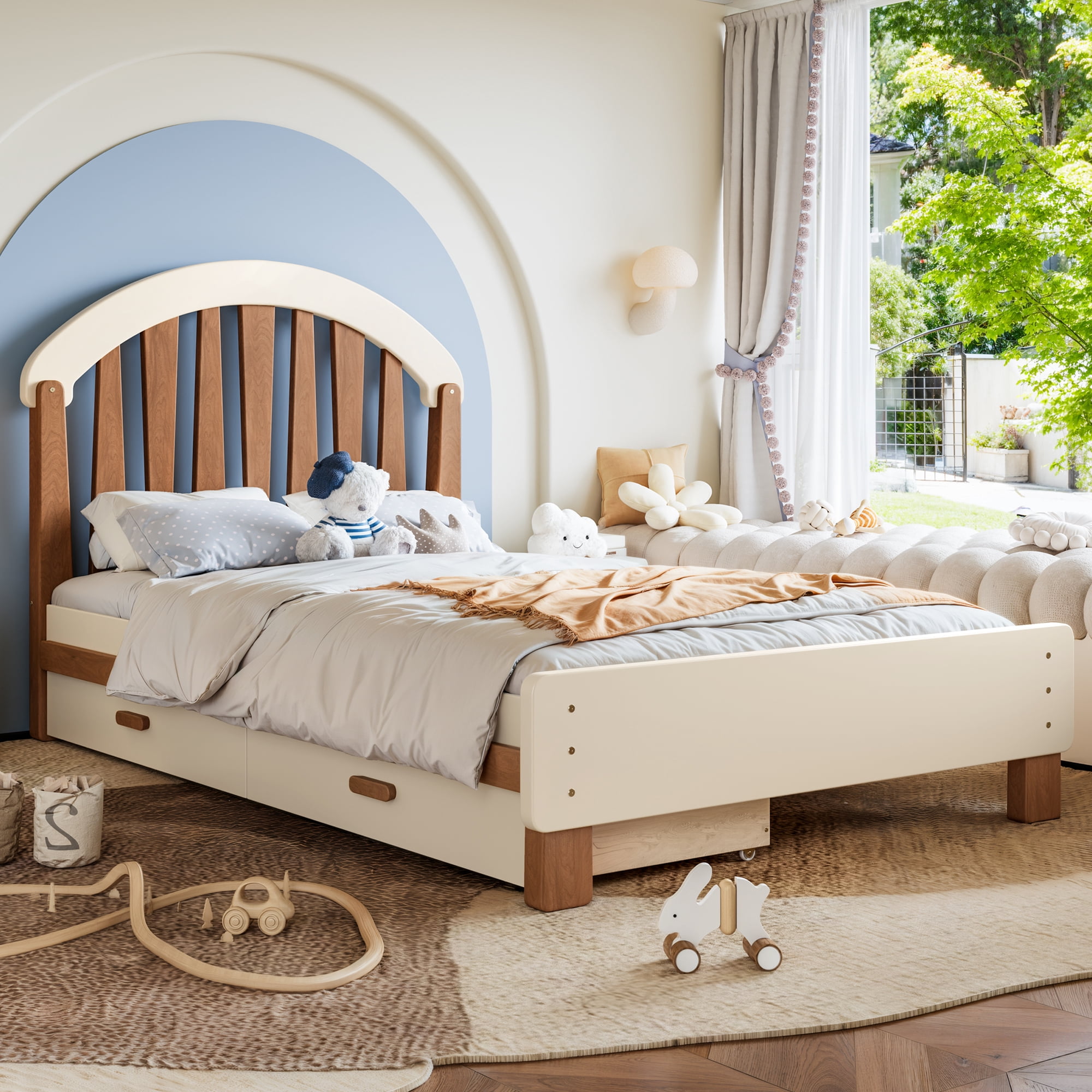 Mintazer Kids Twin Size Platform Bed Frame with 2 Storage Drawers & Curved Round Headboard, No Box Spring Needed, Brown & Beige