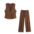 thumbnail image 2 of HH TRAF Traje de pantalón de moda para mujer, escote en V, botonadura sencilla, textura, chaleco informal, top + elegantes pantalones de pierna ancha con cordón y cintura alta, 2 of 5