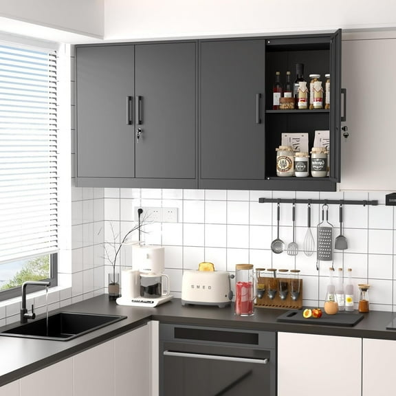 Ataucjin Metal Wall Cabinet,Black Wall Cabinet with 2 Doors,Hanging Cabinets with Handle,for Garage, Home, Office, Utility Room-Black