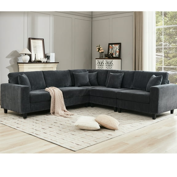 Gray Corduroy Upholstered Modular Sectional , 5 Seat With Back Cushions, Living Room Couch L Shaped For Home