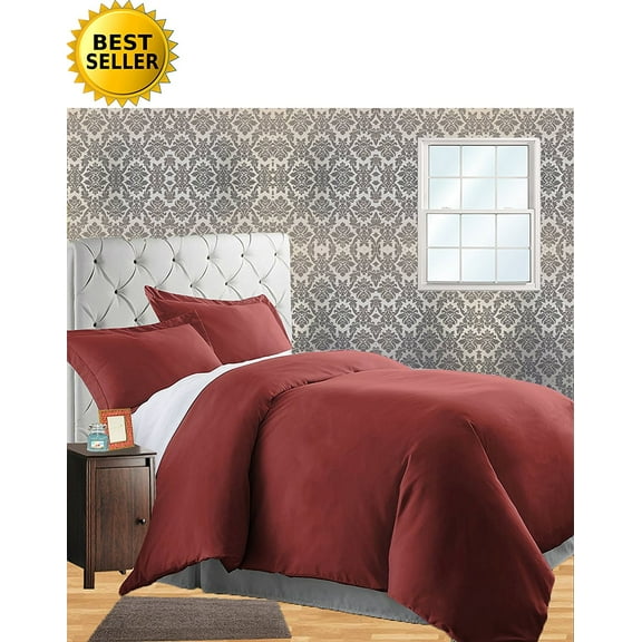 Celine Linen Wrinkle & Fade Resistant 3-Piece Duvet Cover Set - Protects and Covers your Comforter / Duvet Insert, 1500 Series LUXURIOUS 100% HypoAllergenic - Silky Soft, Full/Queen, Burgundy