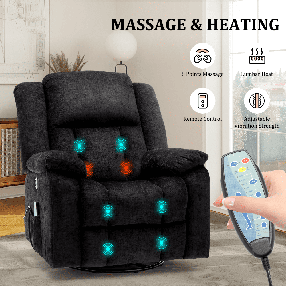 Korser Massage Swivel Rocker Recliner Chair with USB Ports Chenille for Living Room,Black